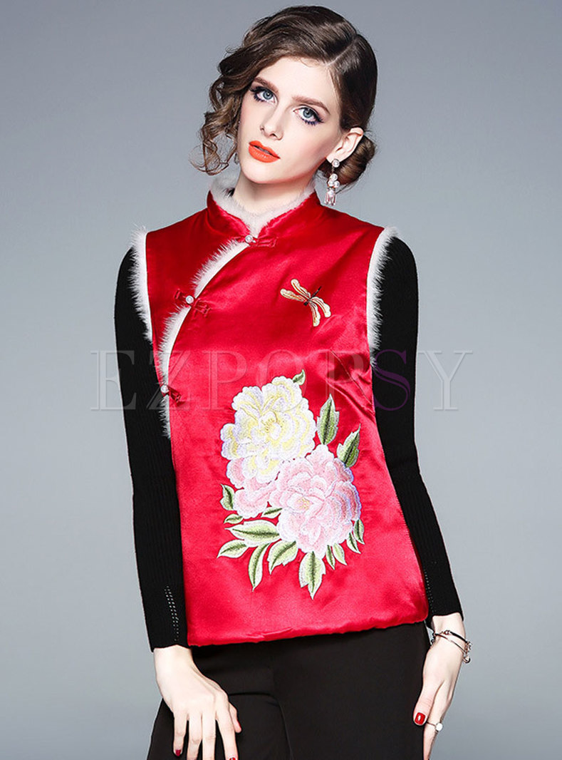 Red Fur Collar Embroidered Sleeveless Thick Vest