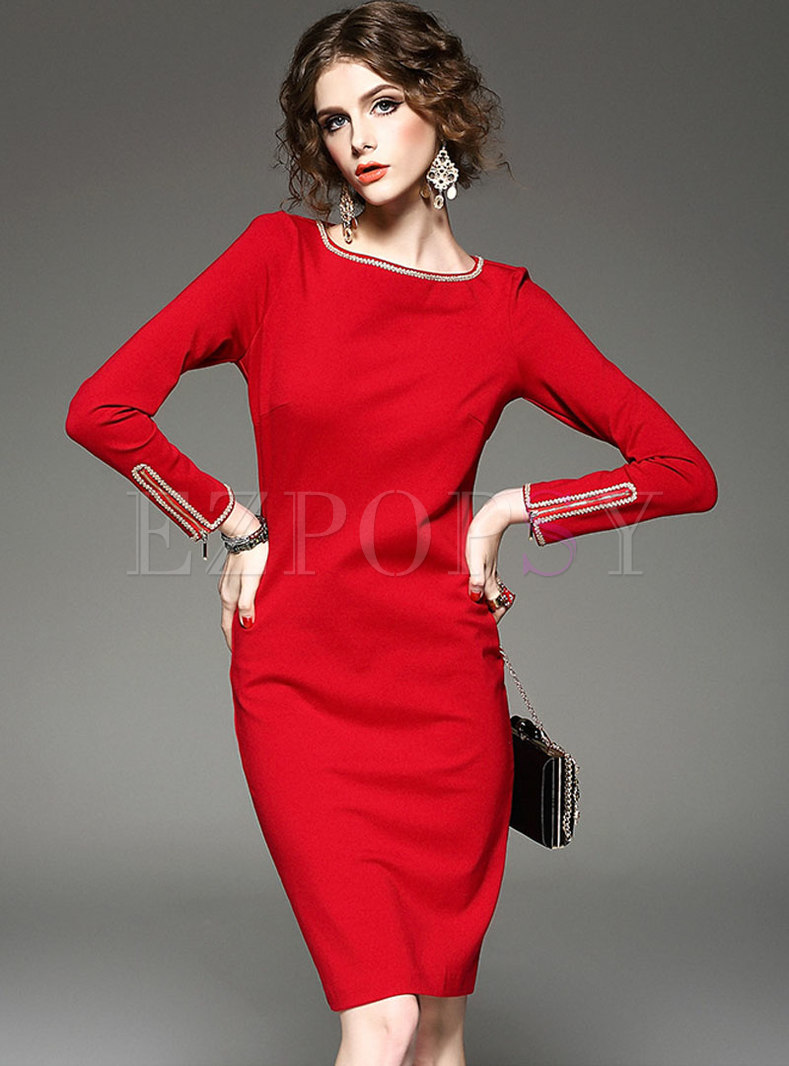 Brief Red O-neck Slim Bodycon Dress