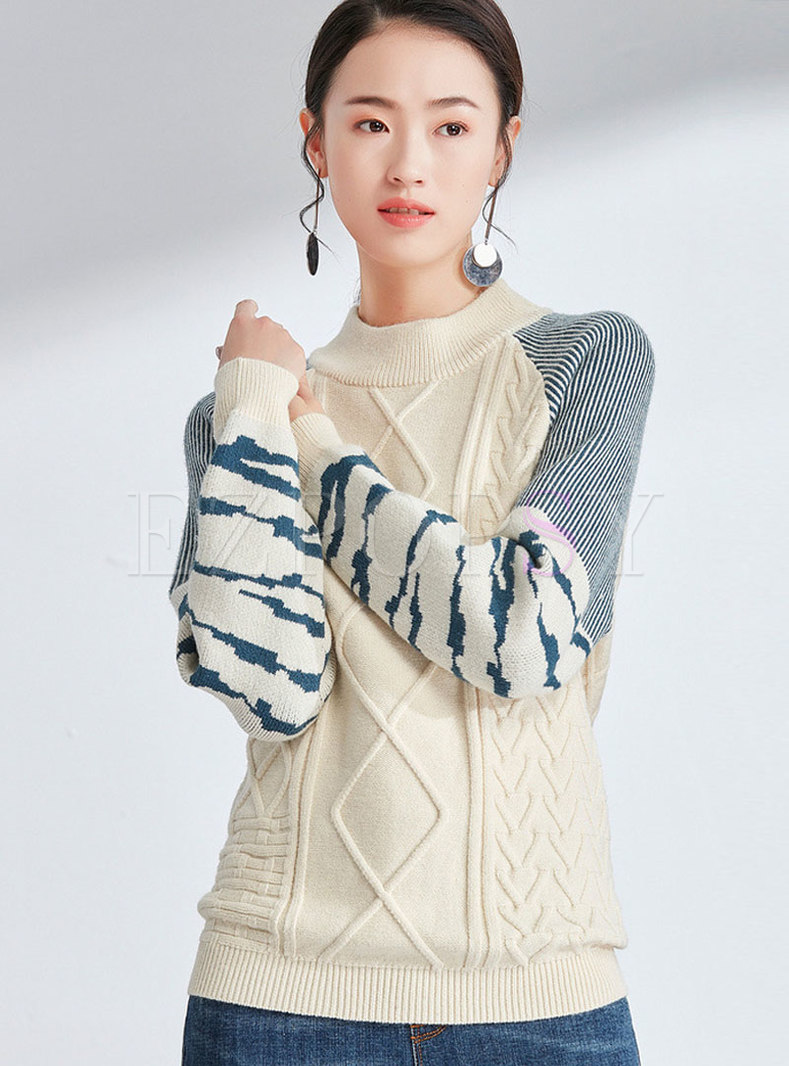 Casual Striped Splicing Stand Collar Knitted Sweater