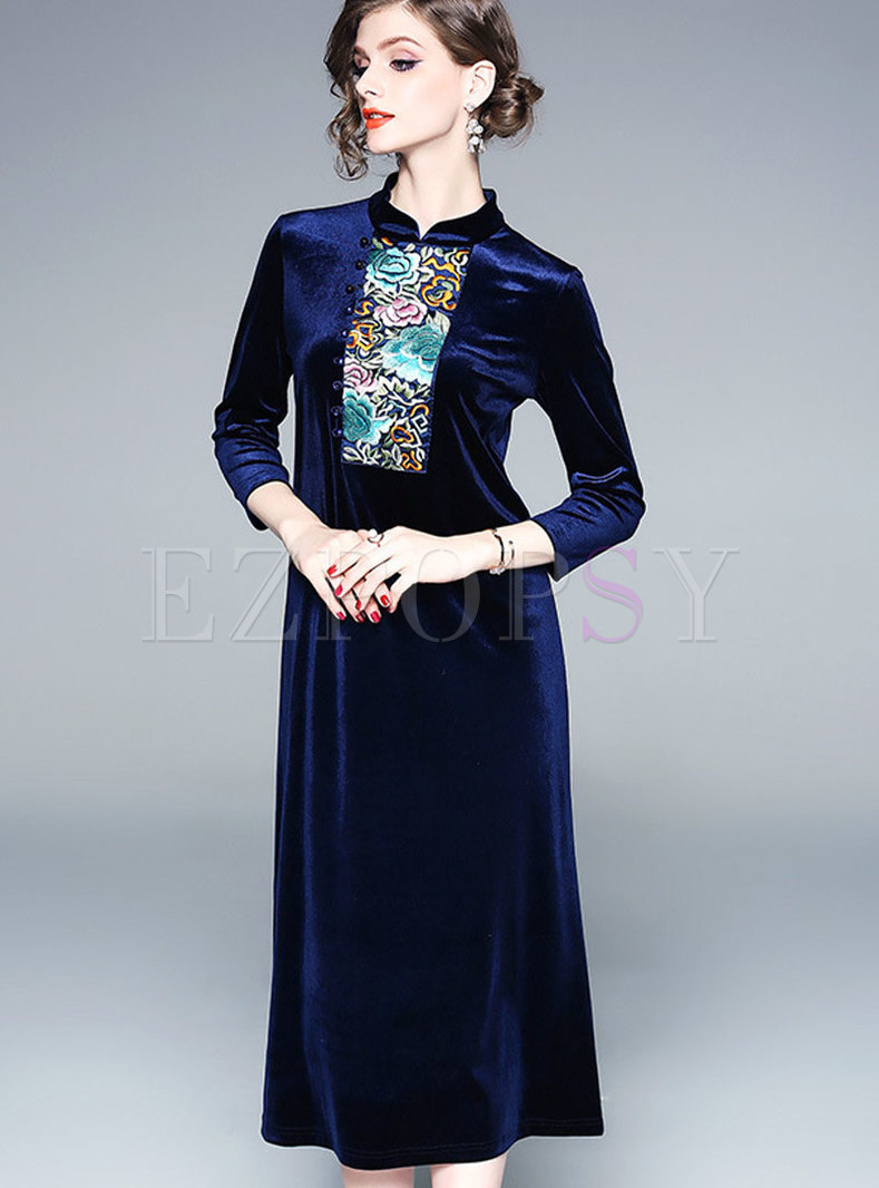 Navy Velvet Stand Collar Embroidery Slim Maxi Dress