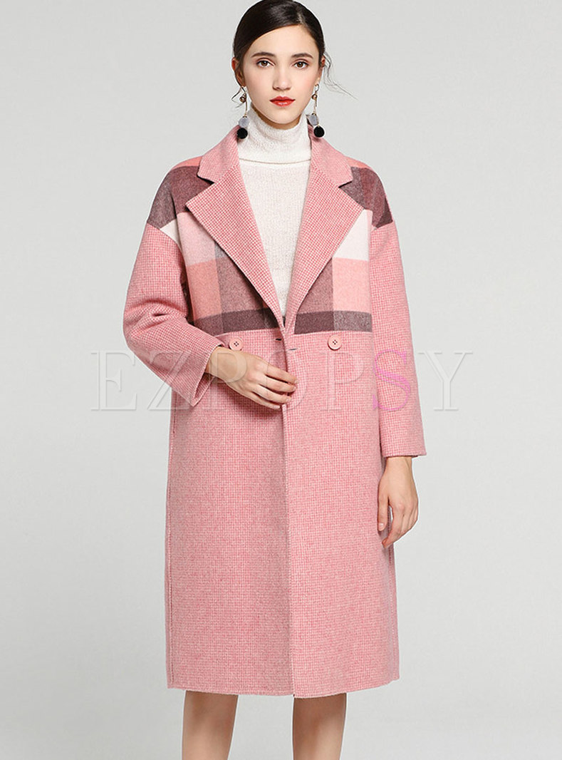 Trendy Pink Plaid Turn Down Collar Double-breasted Coat