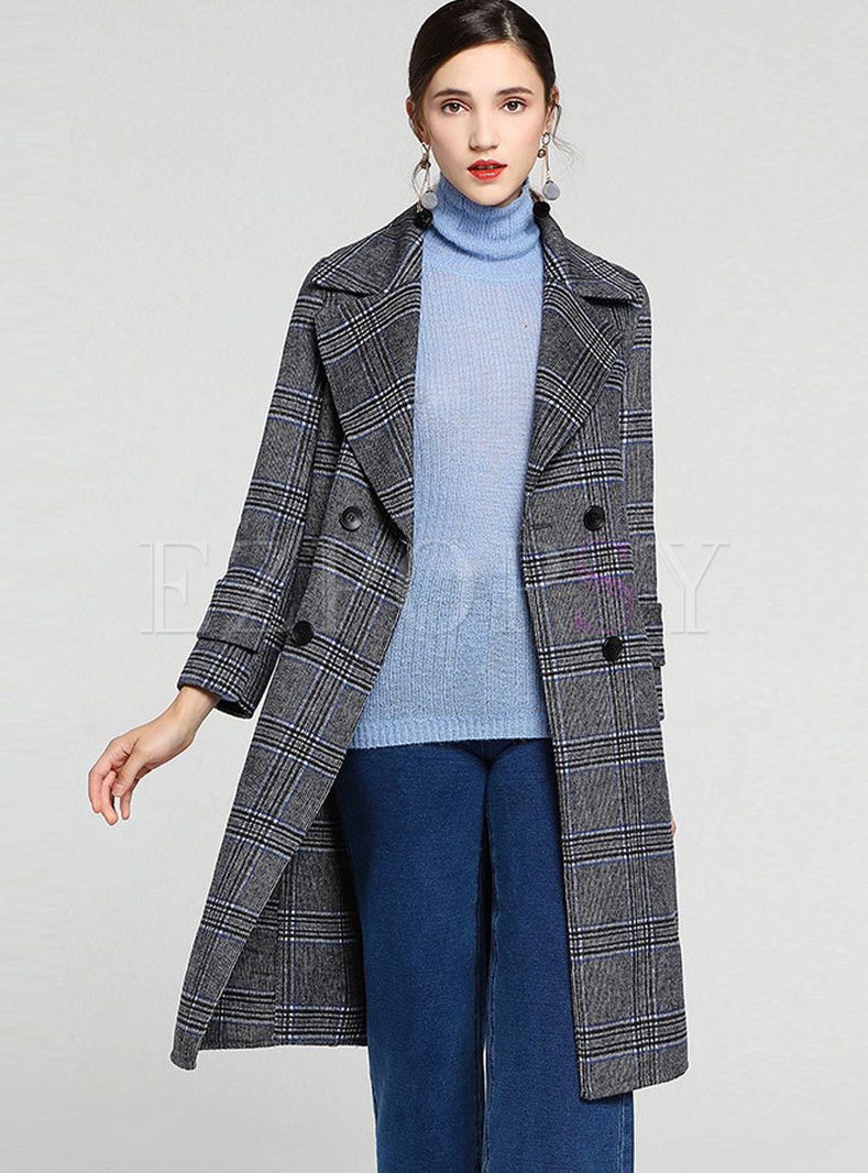 Turn Down Collar Plaid Belted Double-breasted Coat