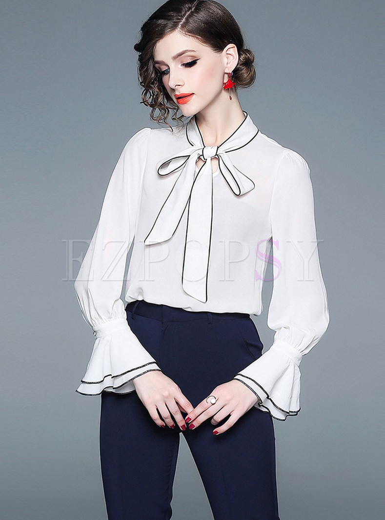 Tops | Blouses | Bowknot Tied Flare Sleeve Chiffon Blouse