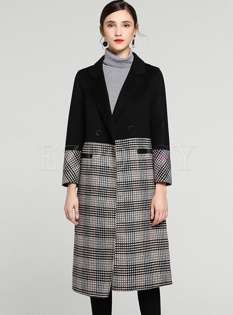 Chic Grid Splicing Notched Double-breasted Slim Coat