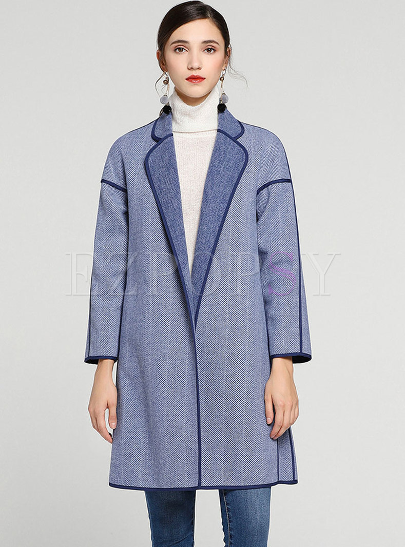 Chic Color-blocked Notched Tied-waist Slim Woolen Coat