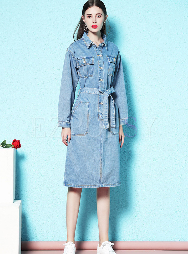 Dresses Skater Dresses Turn Down Collar Tie Waist Knee Length Denim Dress