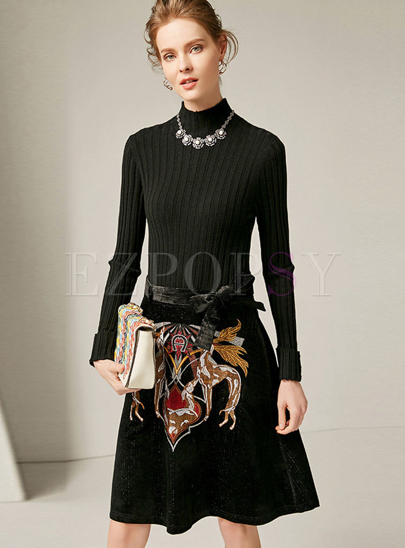 Black High Neck Long Sleeve Stitching Embroidered Dress