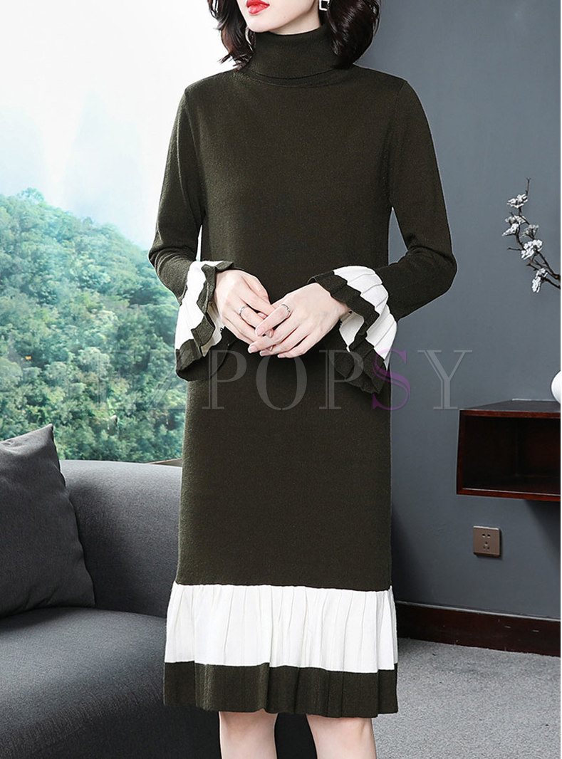 Color-blocked Splicing Flare Sleeve High Neck Sweater Dress