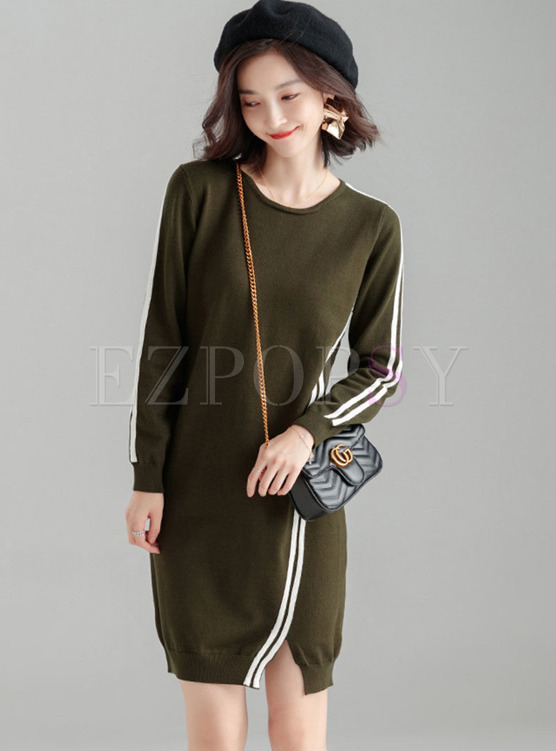 Striped Splicing O-neck Slit Knitted Bodycon Dress