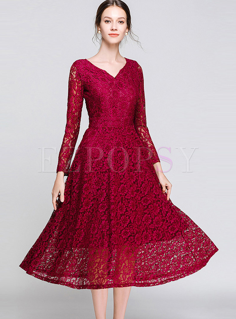 V-neck Long Sleeve Lace Hollow Out A Line Dress