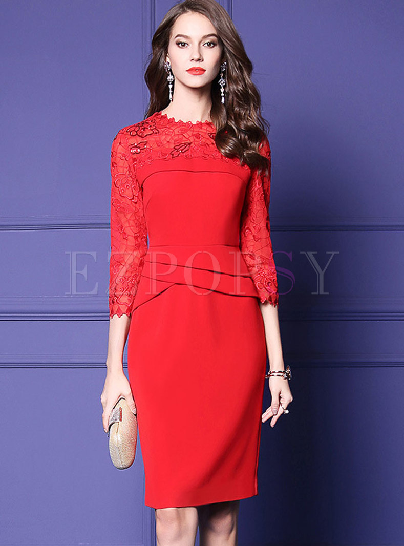Fashion Solid Color O-neck Embroidered Sequin Dress
