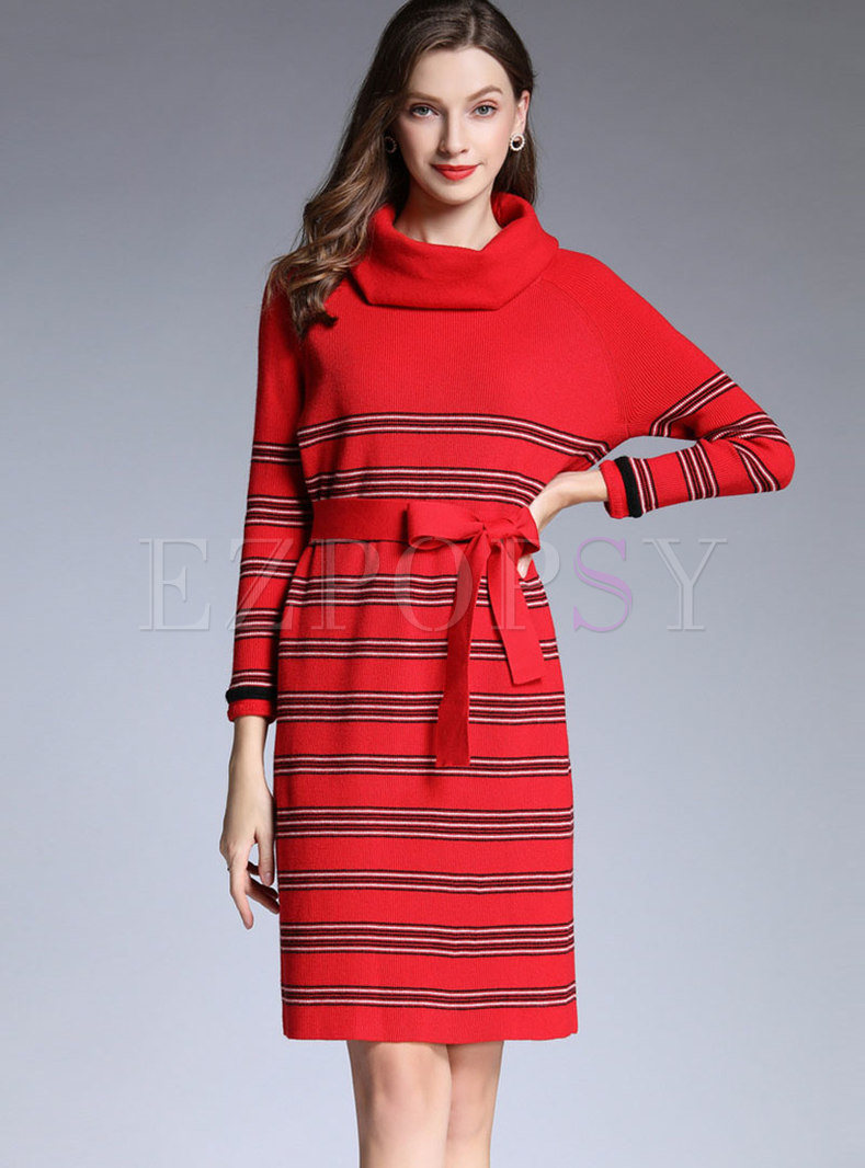 Color-blocked High Neck Bowknot Knitted Dress