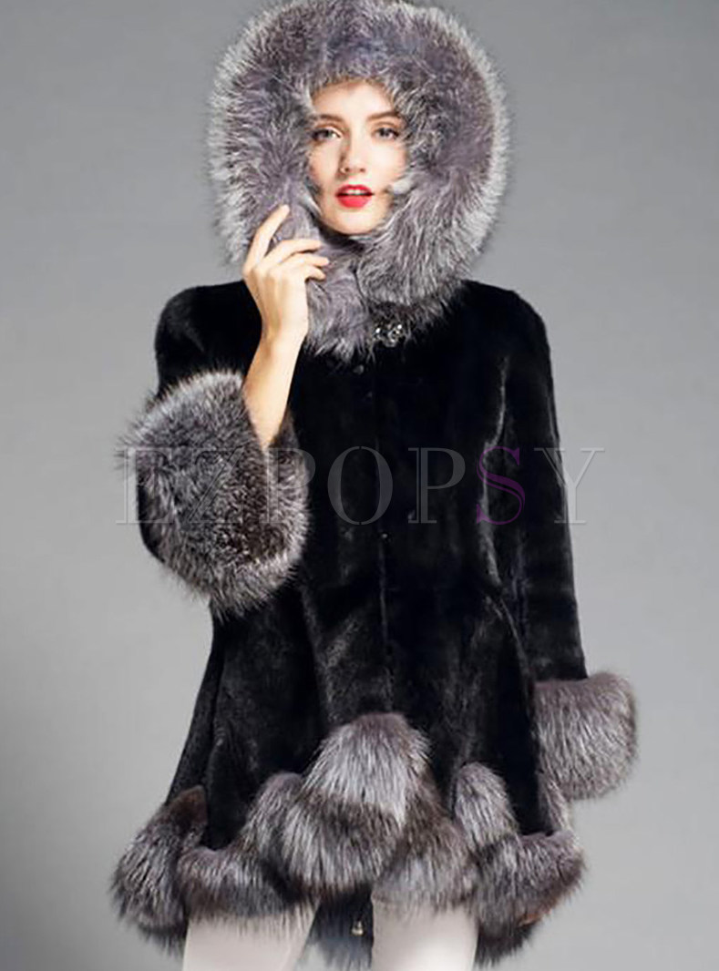 Hooded Long Sleeve Color-blocked Paneled Fur Coat