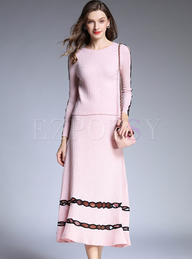 Casual Color-blocked Hollow Out Knitted Top & Slim A Line Skirt