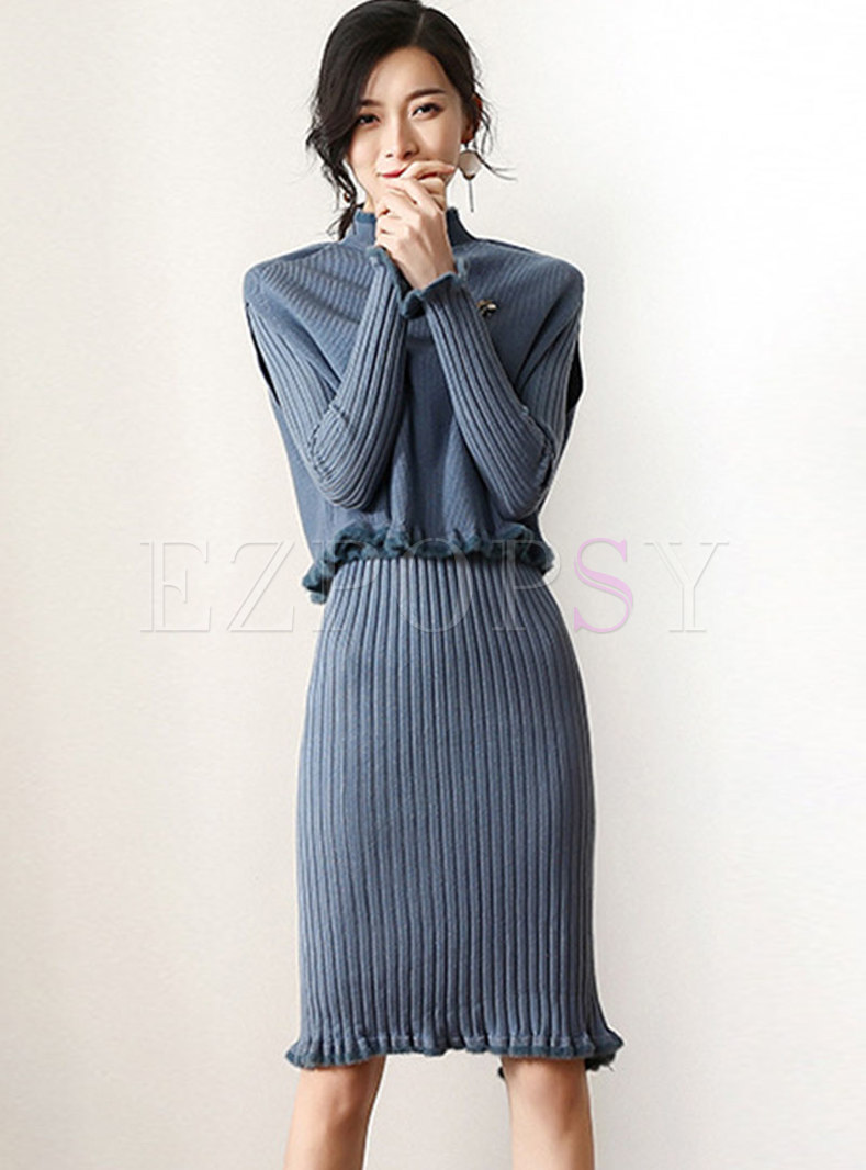 Solid Color Sheath Knitted Dress & Loose Sleeveless High Neck Knitted Top