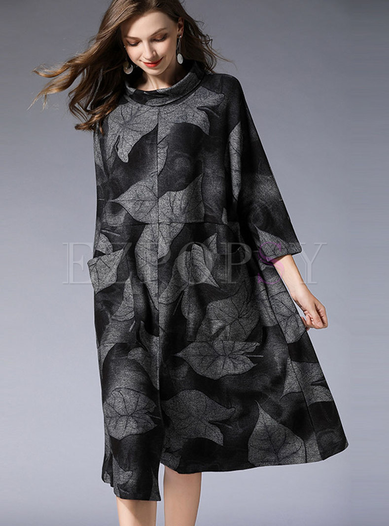 Fashion Half Turtle Neck Print Pockets Dress
