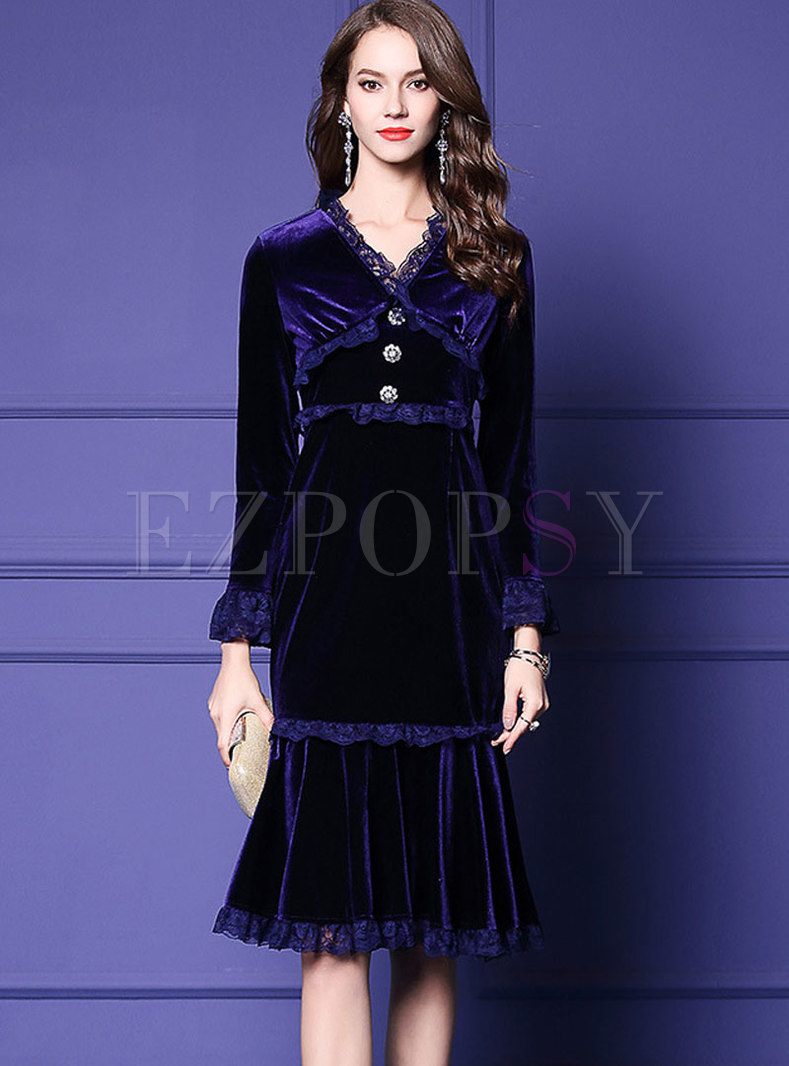 Purple V-neck Lace Stitching High Waist Mermaid Dress