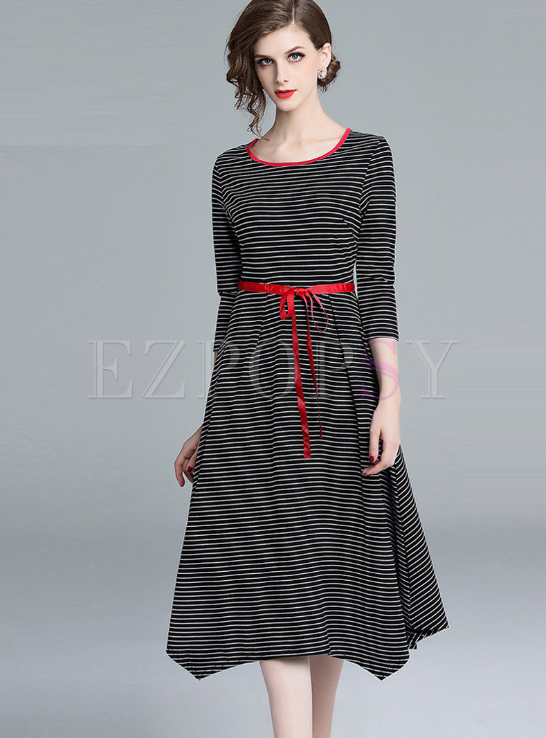 Three Quarters Sleeve Striped Tie-waist Irregular Dress