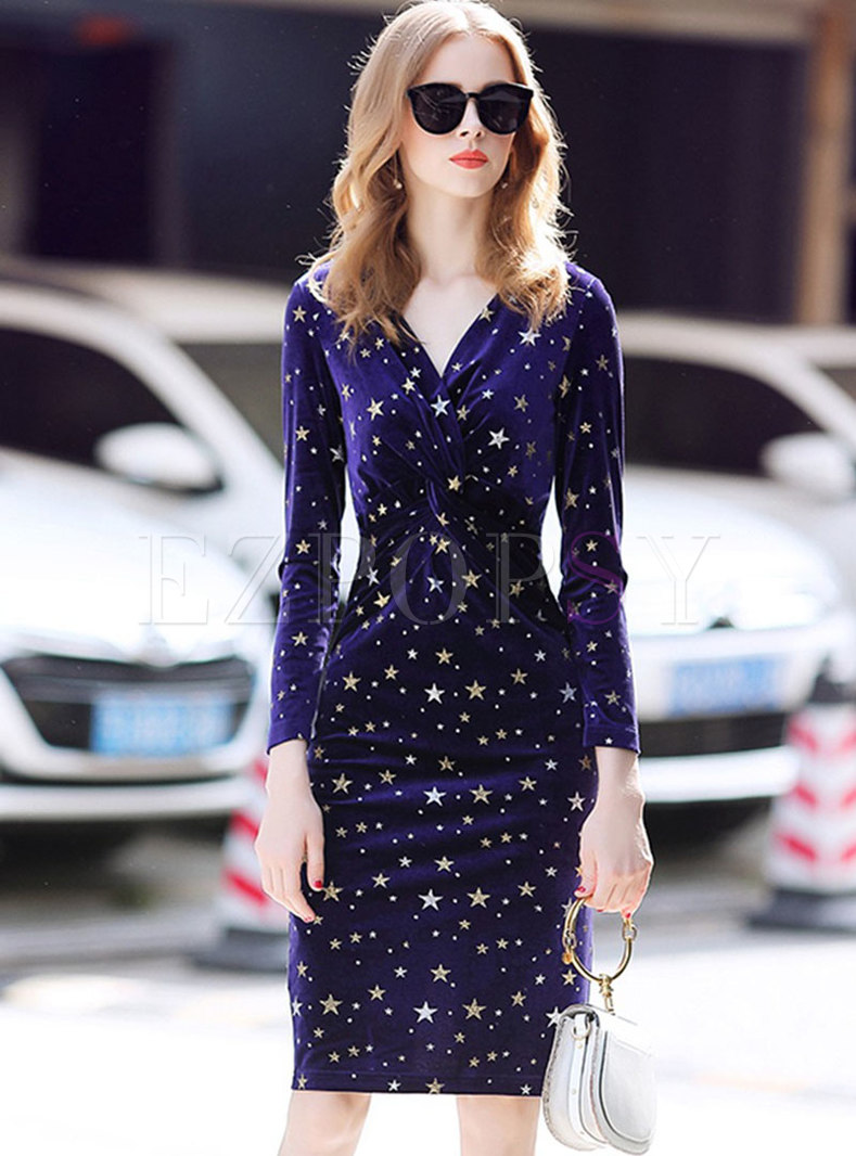 Elegant Velvet Stars Pattern V-neck Sheath Dress