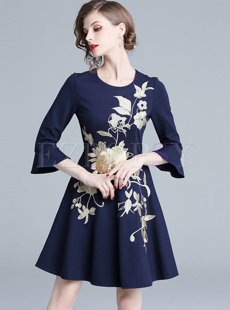 Elegant Flare Sleeve Embroidered A Line Dress