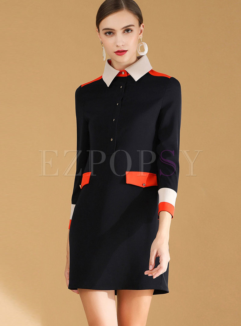 Stylish Contrast-collar High Waist Mini Autumn Dress