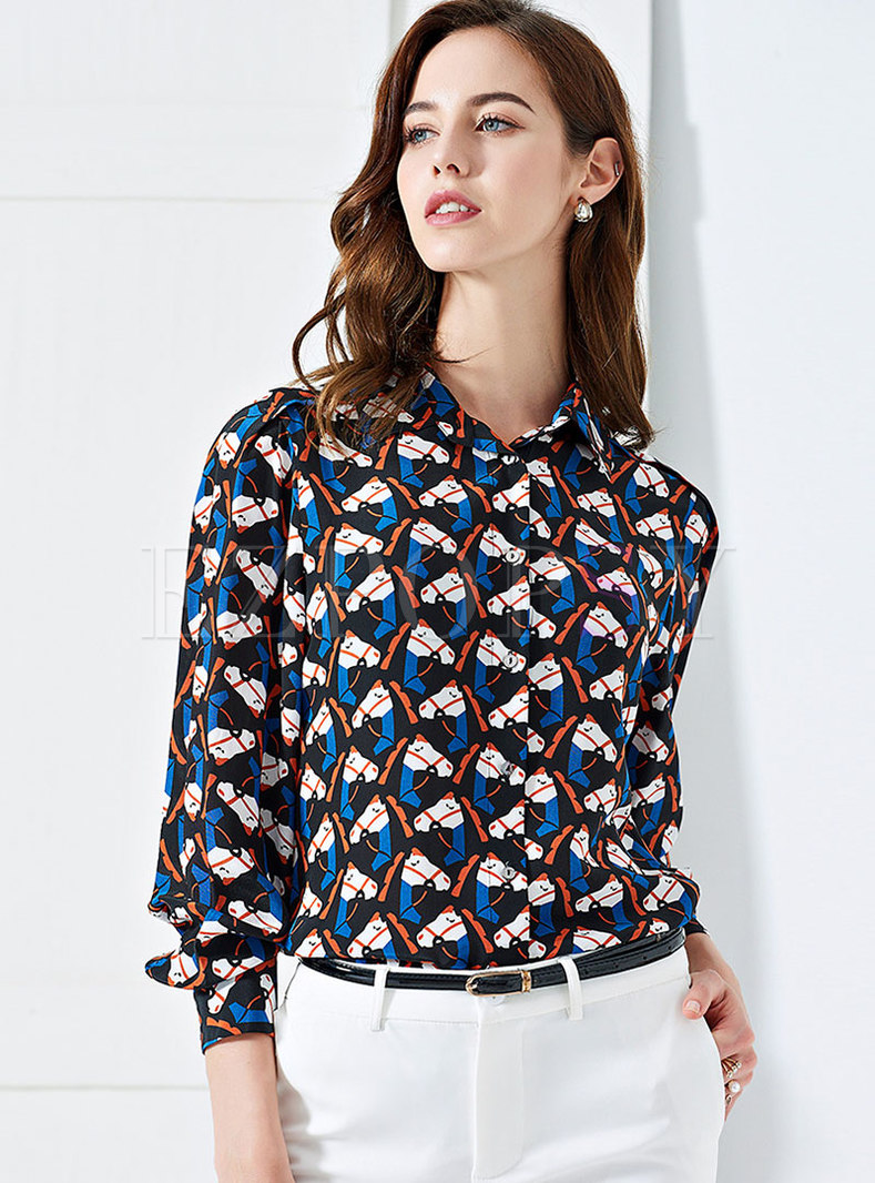 Chic Print Lapel Single-breasted Silk Blouse