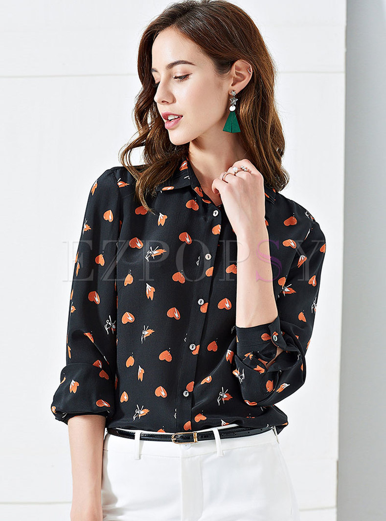 Tops | Blouses | Silk Lapel Heart Pattern Single-breasted Blouse