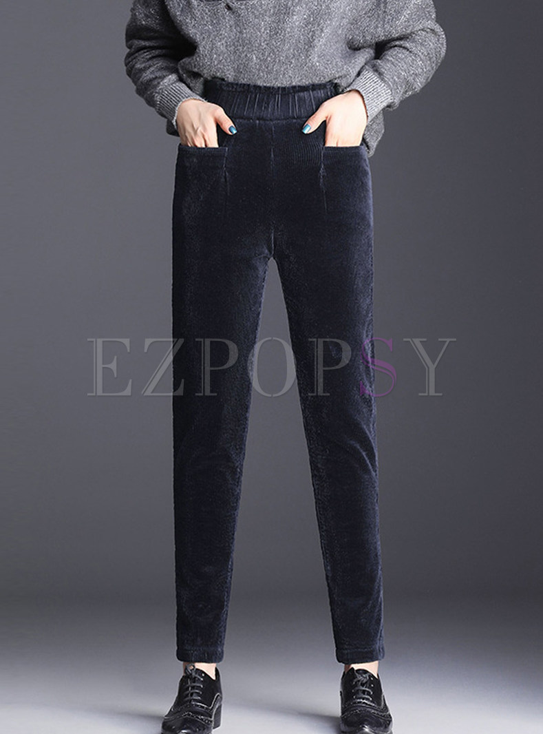 Elastic High Waist Thermal Pencil Pants With Pocket