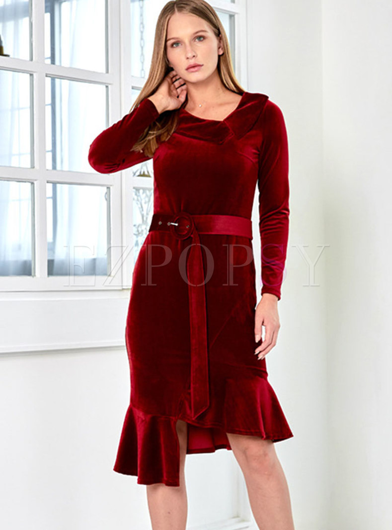 Wine Red Velvet Belted Asymmetric Sheath Dress