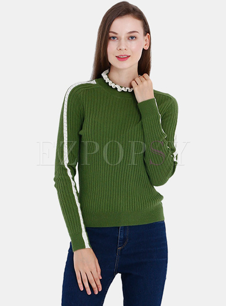 Color-blocked Ruffled Collar Slim Sweater