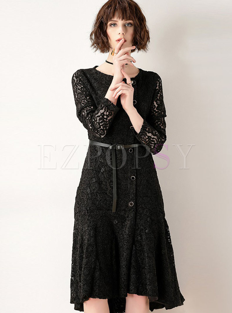 Black Lace Stitching Long Sleeve Hollow Out A Line Dress