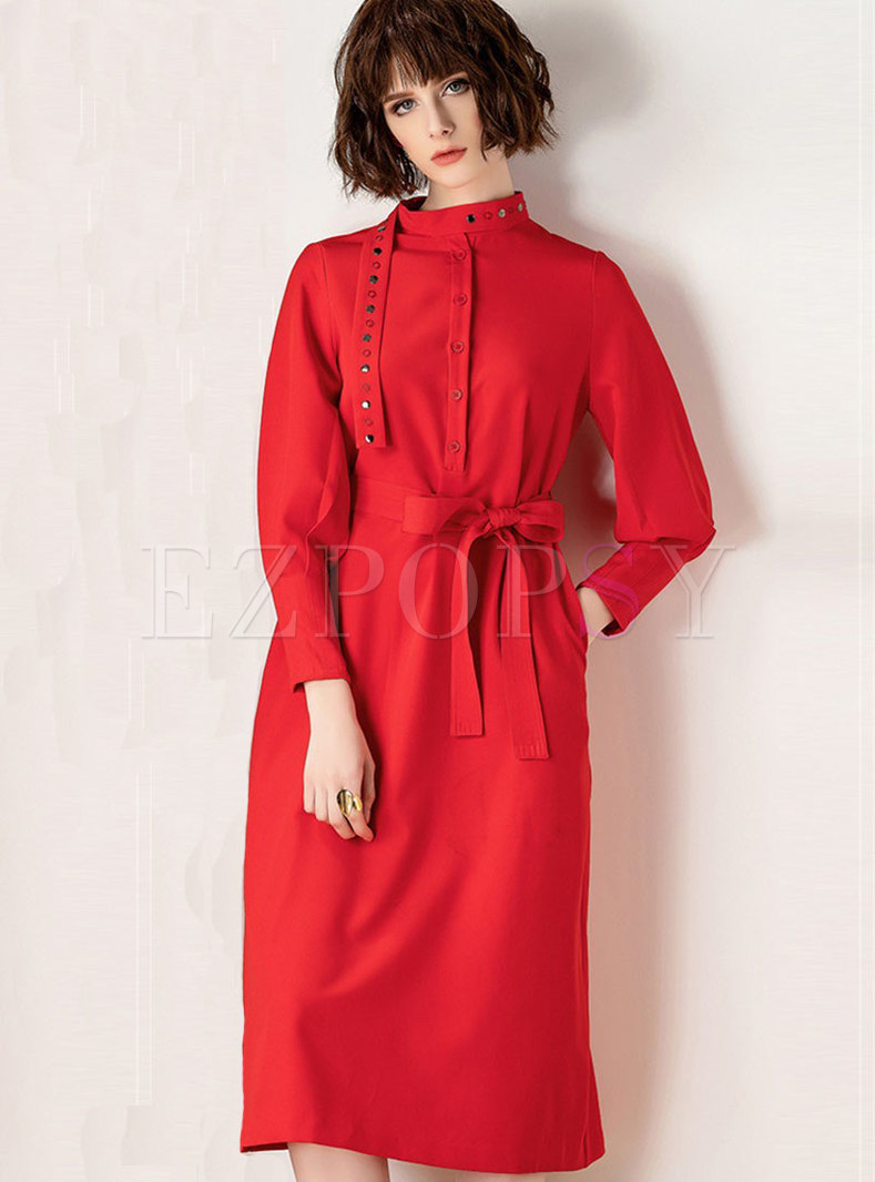 Fashion Stand Collar Solid Color Single-breasted Dress