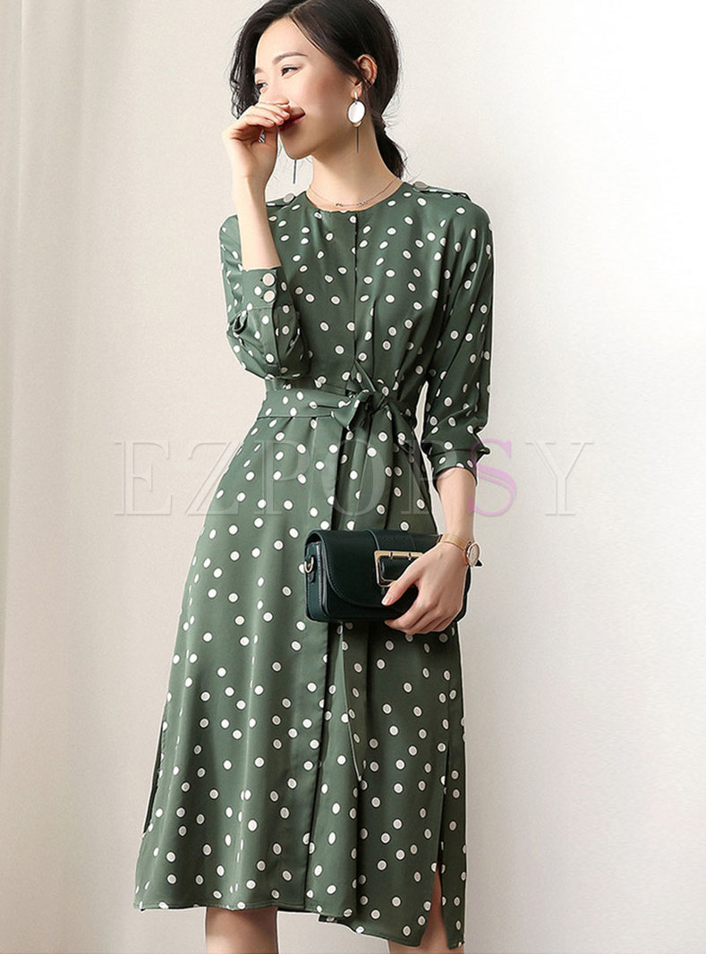 Dresses | Skater Dresses | Green Polka Dot Belted Side-slit Slim Dress