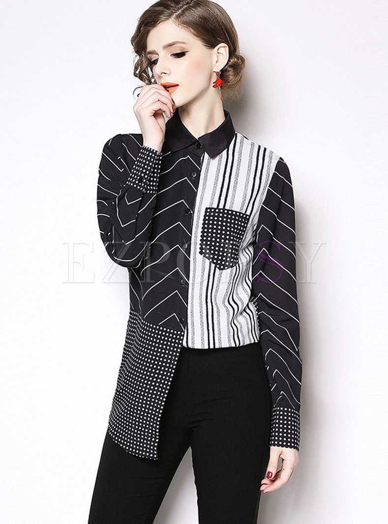 Lapel Single-breasted Long Sleeve Striped Blouse