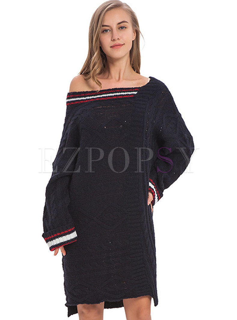 Stylish Slash Neck Long Sleeve Mini Knitted Dress
