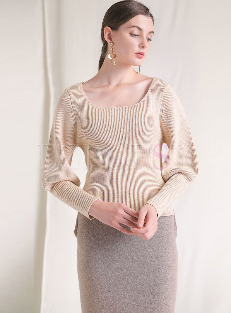 Retro Square Neck Lantern Sleeve Knitted Sweater