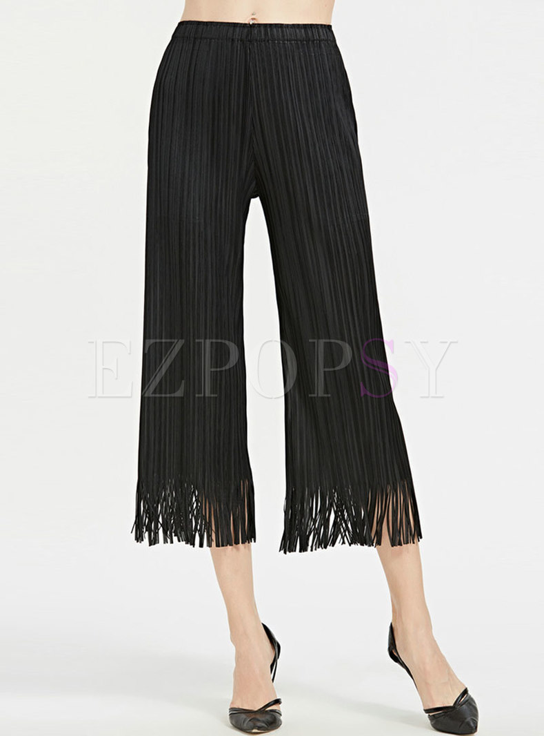Casual Black High Waist Straight Pants With Tied Tassel