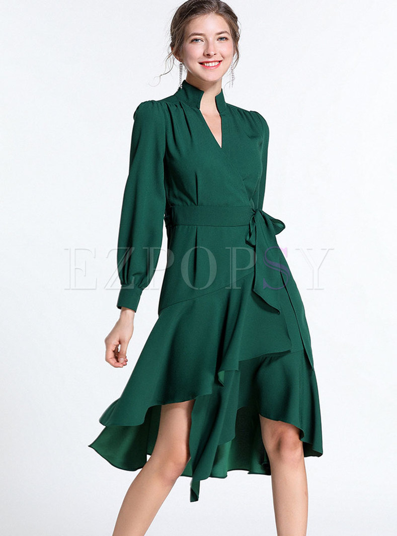 Chic Green V-neck Print Asymmetric Dress With Belt