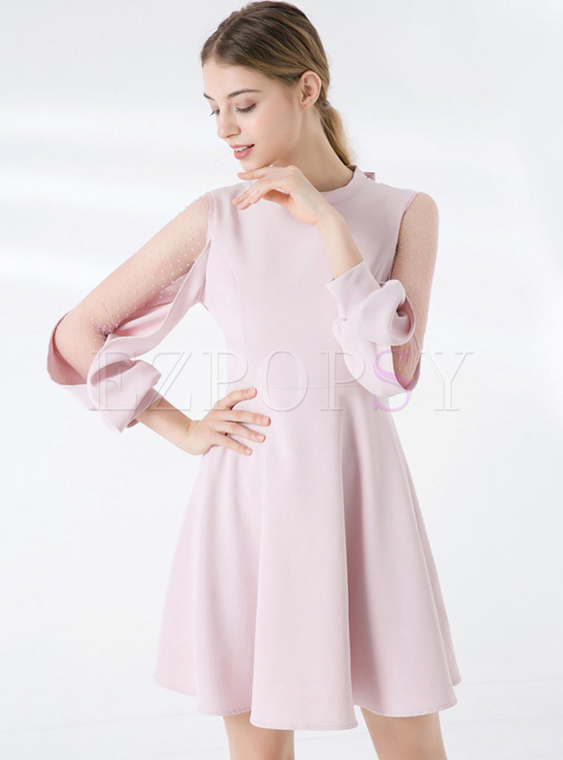 Elegant Mesh Splicing See-though Slim Skater Dress