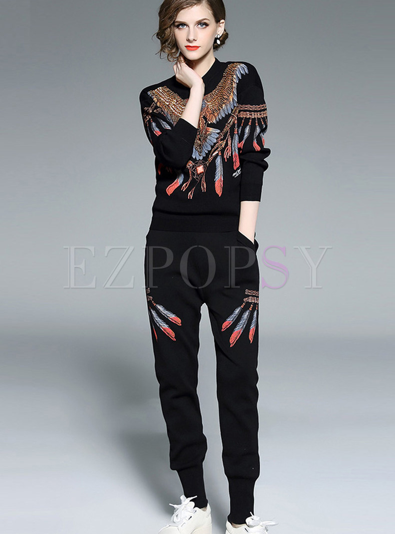 Chic Eagle Print Long Sleeve Two Piece Outfits