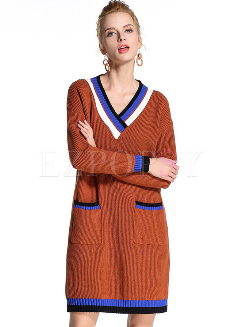 Stylish Color-blocked V-neck Loose Sweater Dress