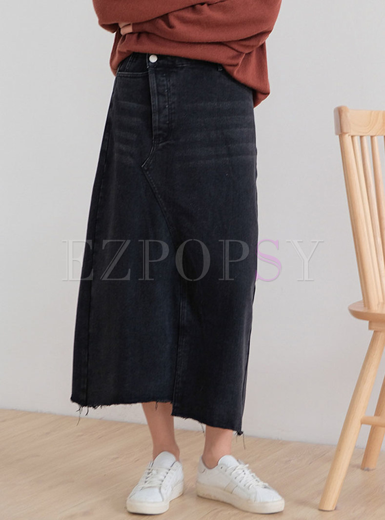 Stylish Black Denim Asymmetric Hem A Line Skirt