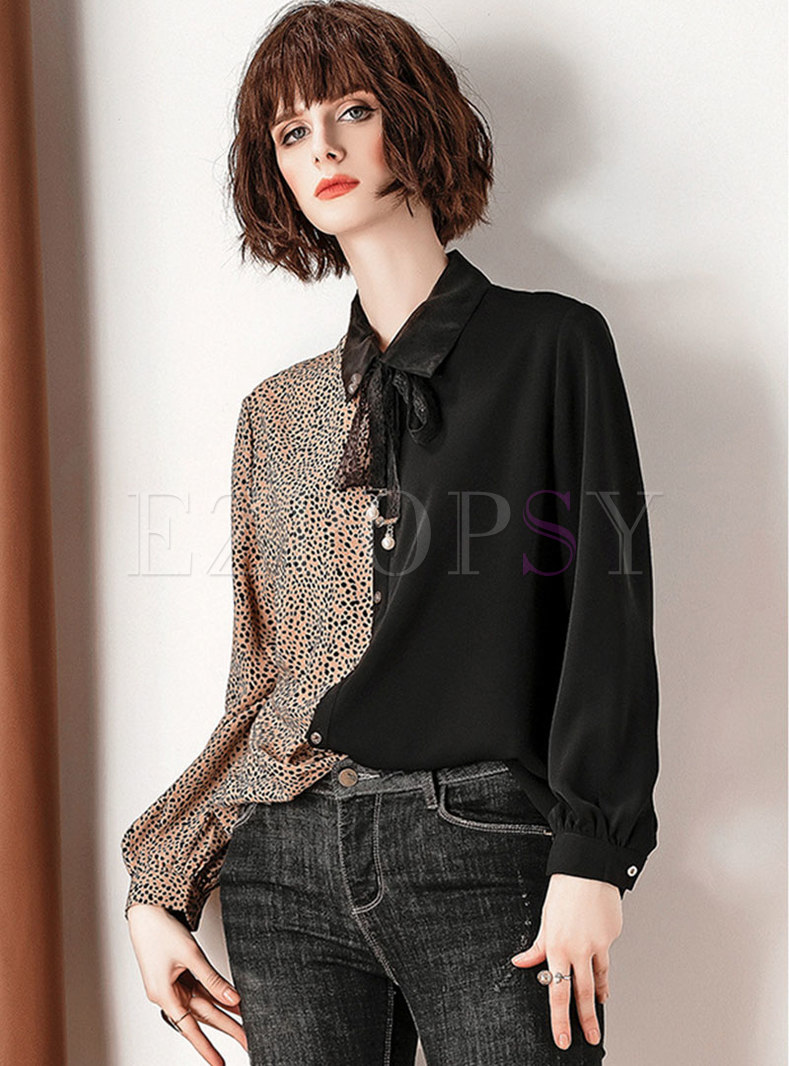Chic Leopard Splicing Lapel Bowknot Single-breasted Blouse