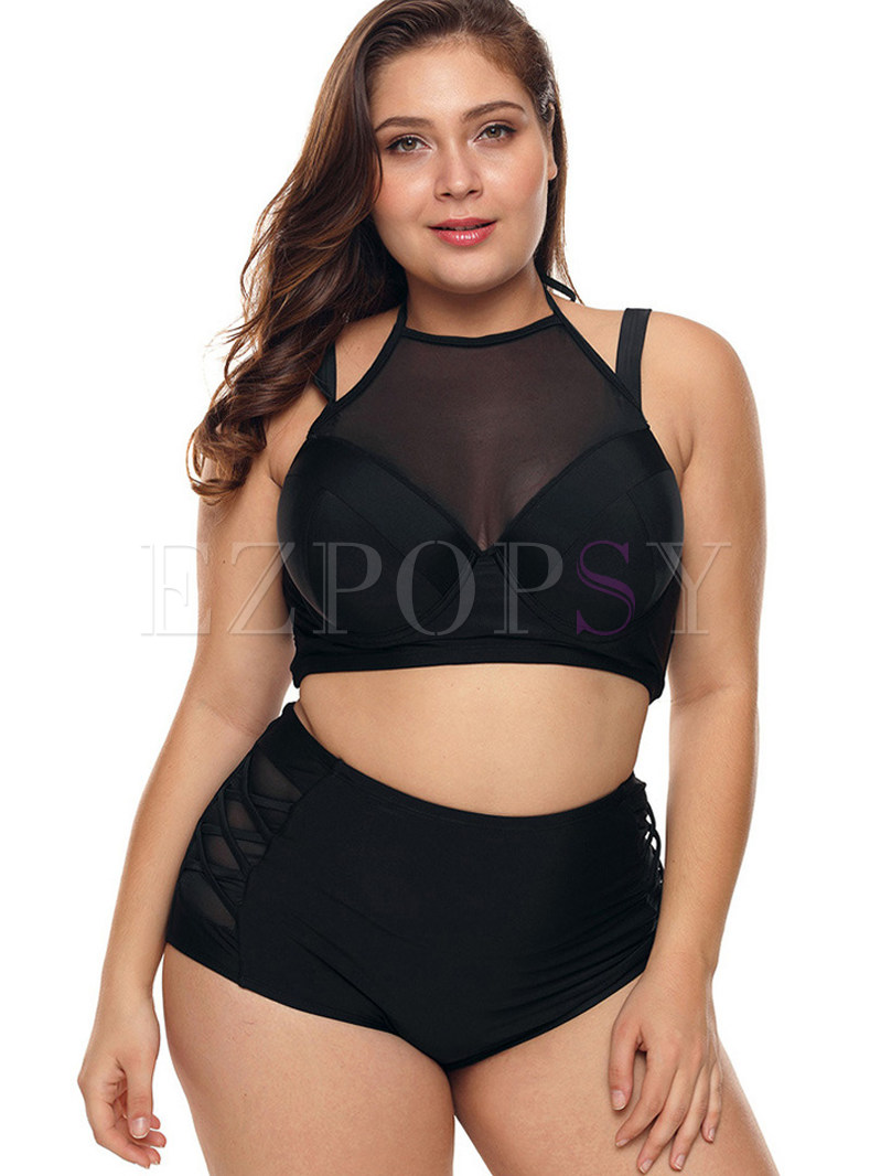 Sexy Solid Color High Waist Plus Size Swimwear