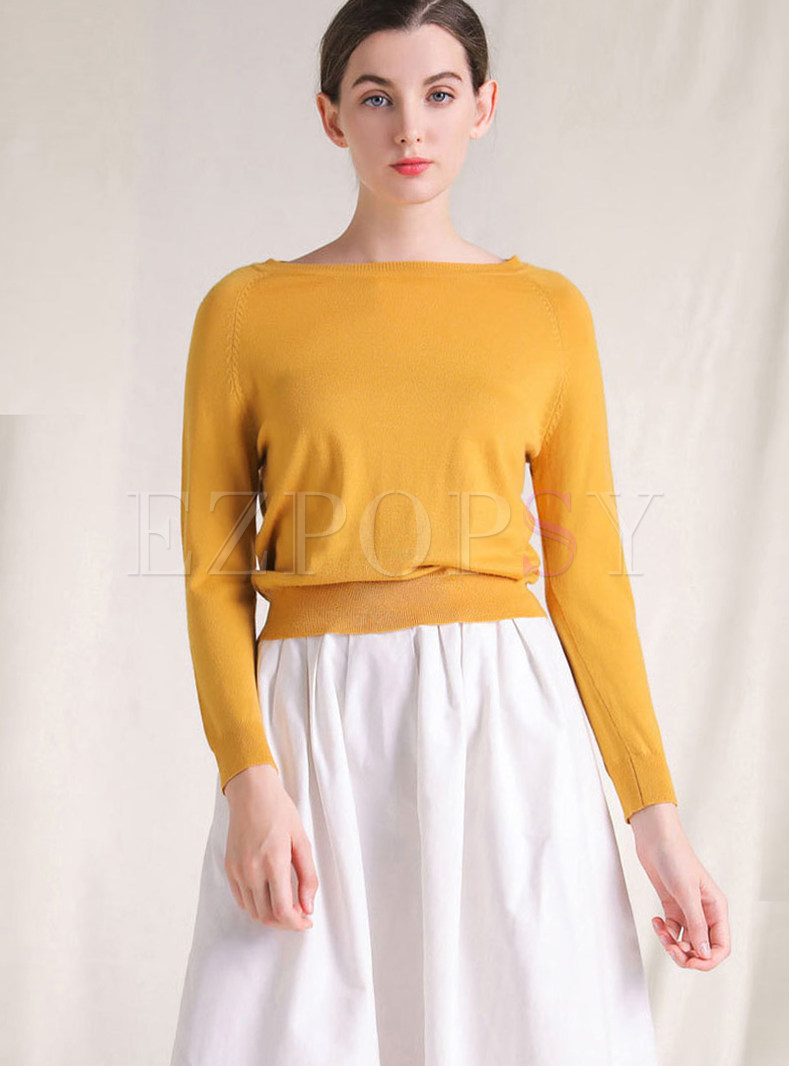Yellow Crew-neck Long Sleeve Knitted Bottoming Sweater