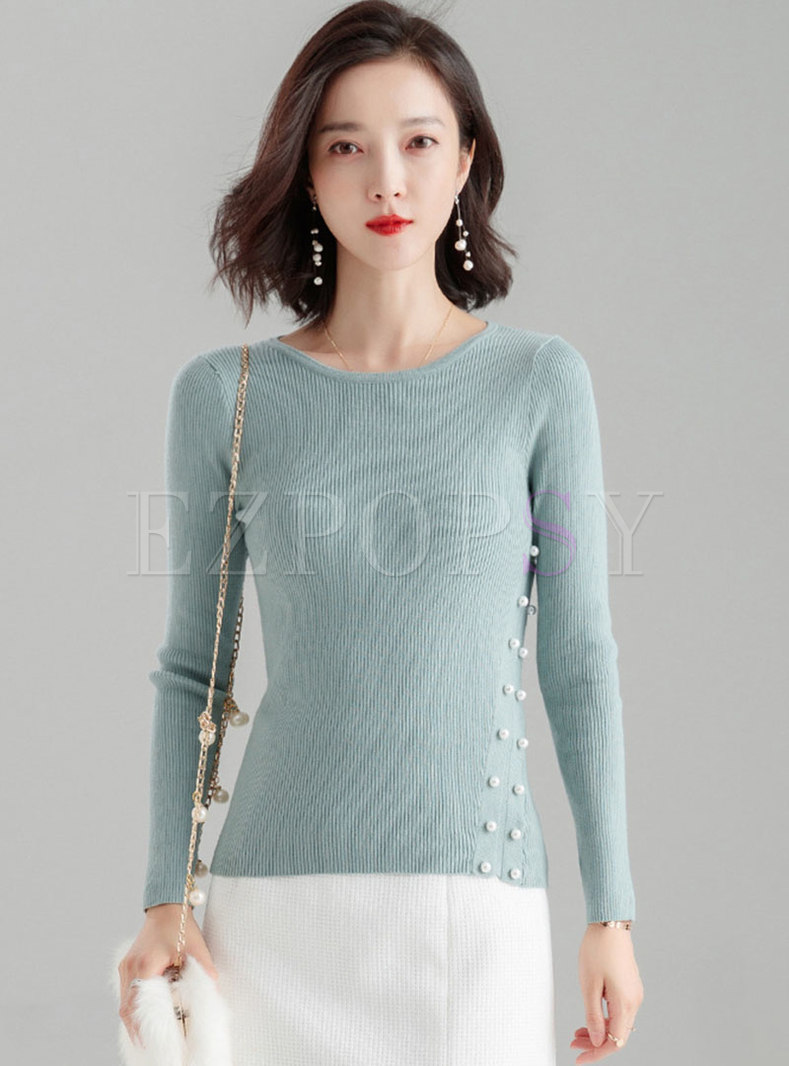 Elegant Pure Color O-neck Beaded Slim Sweater
