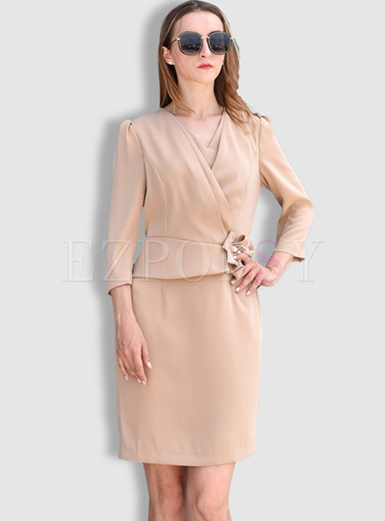 Elegant Solid Color V-neck Waist Bodycon Dress