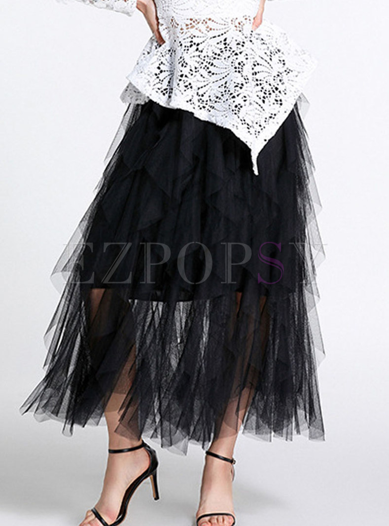 Black Elastic Waist Mesh Splicing Skirt