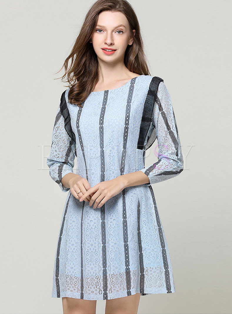 Color-blocked Striped Splicing Lace Mini Dress