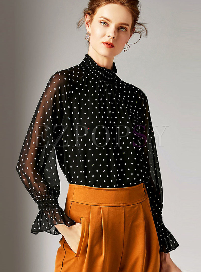 Fashion Black Flare Sleeve Perspective Blouse